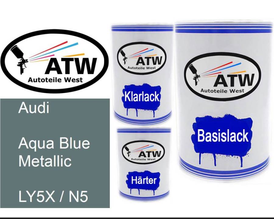 Audi, Aqua Blue Metallic, LY5X / N5: 500ml Lackdose + 500ml Klarlack + 250ml Härter - Set, von ATW Autoteile West.